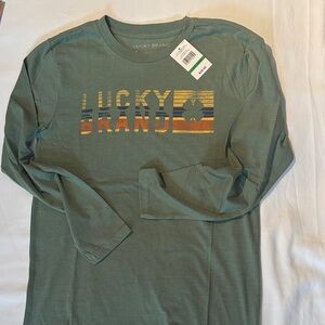 Lucky Brand Olive Green Long Sleeve Tee with Retro Striped Logo Sz lg 14/16